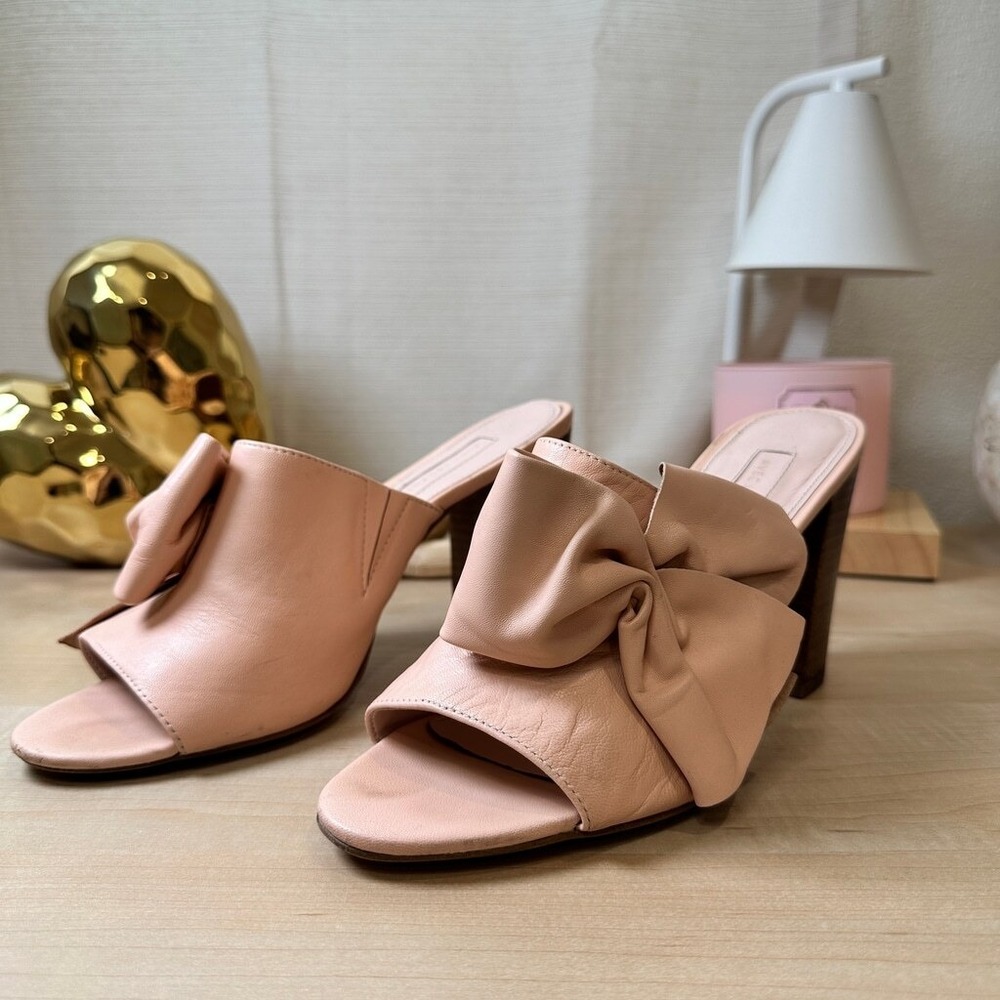 AVEC LES FILLES Leather Bow Mule Sandals Blush Pink Block Heel Size 8